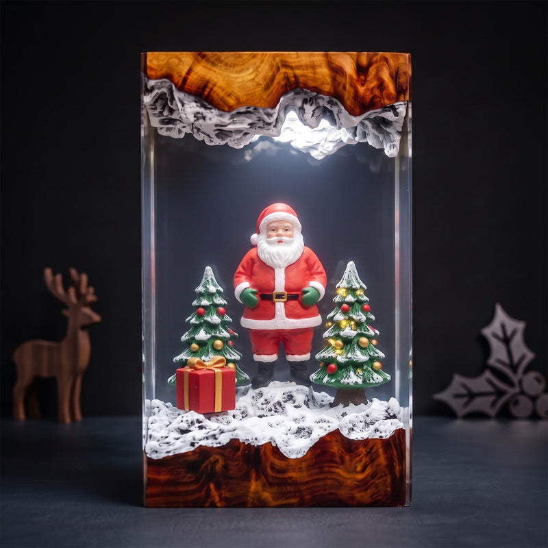 Santa Claus with Snowy Christmas Trees and Gift Box Wood Resin Lamp