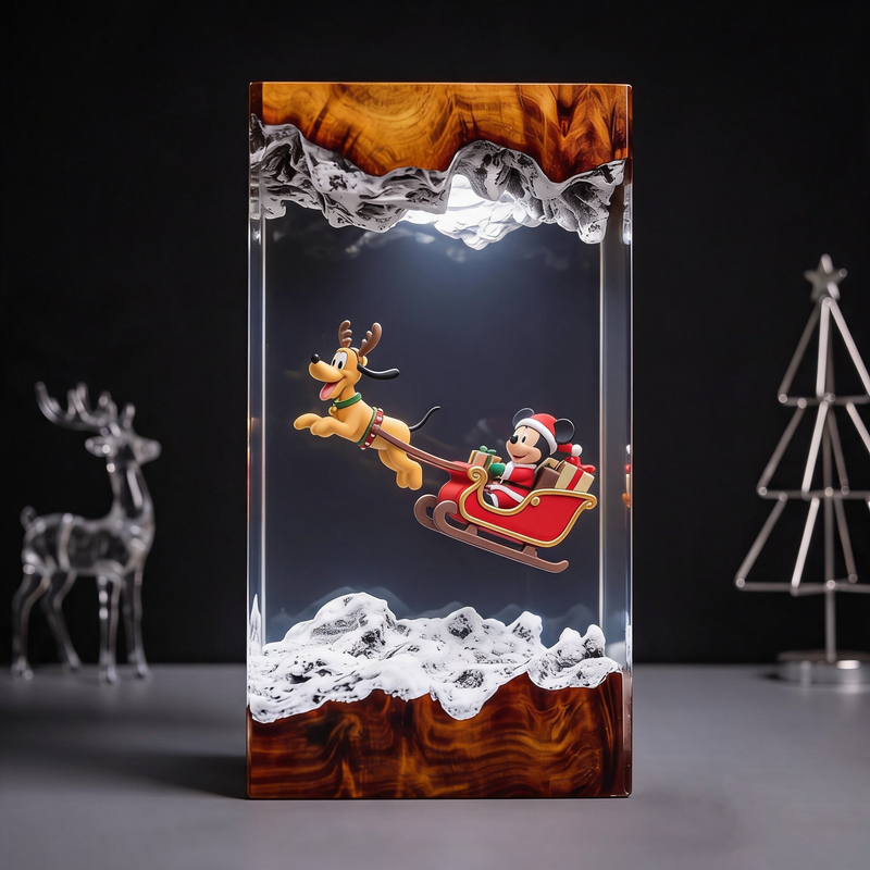 Mickey Mouse Santa Sleigh with Pluto Reindeer and Gifts Christmas Wood Resin Lamp