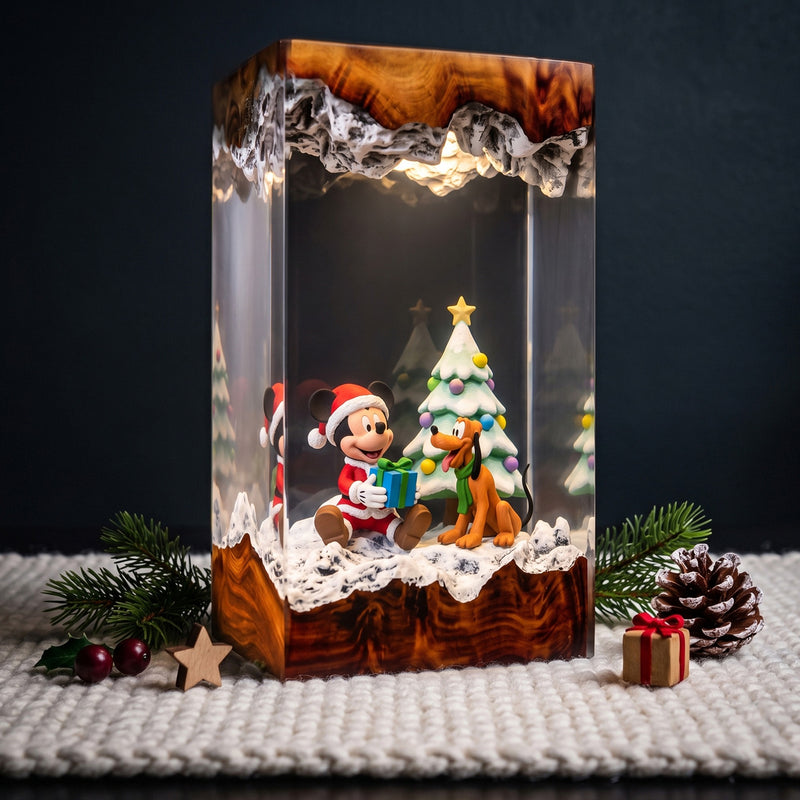Mickey Mouse in Santa Outfit & Pluto with Gift Box and Snowy Christmas Tree Wood Resin Lamp