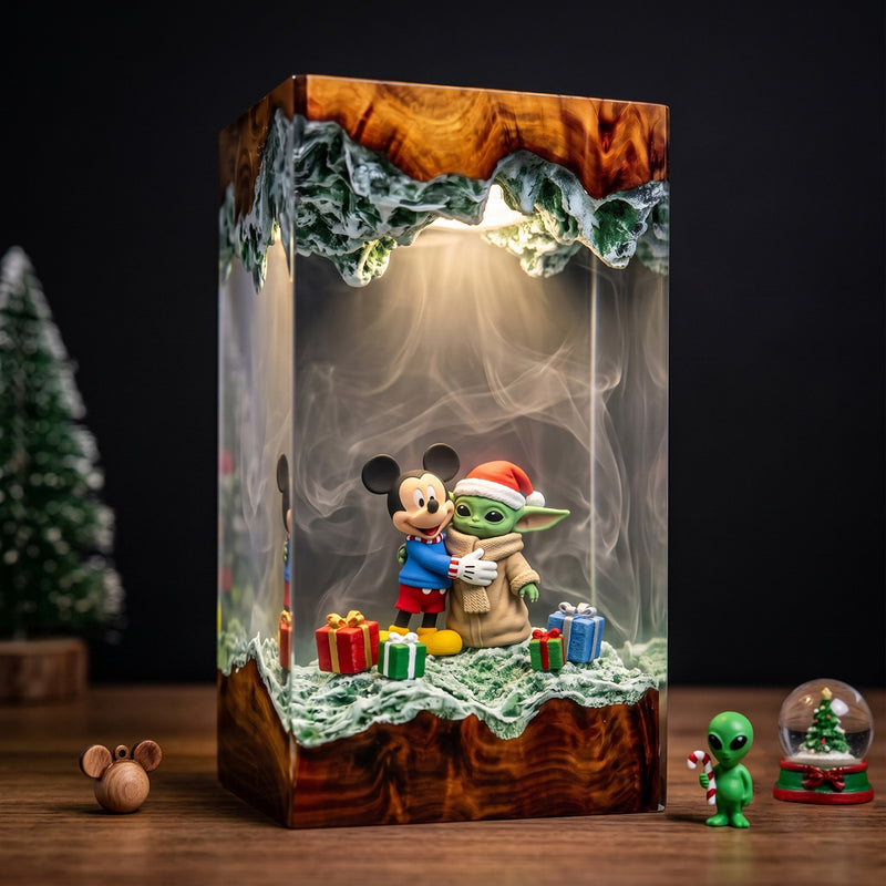Mickey Mouse Hugging Grogu in a Santa Hat with Christmas Gifts Wood Resin Lamp