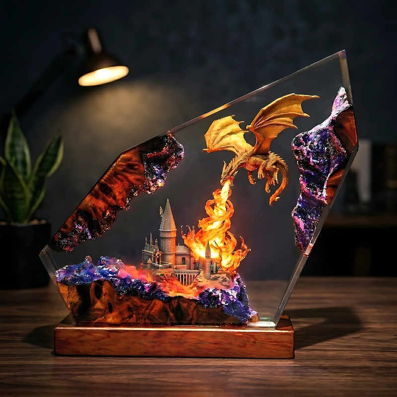 Fire-Breathing Dragon & Fantasy Castle Wood Resin Lamp