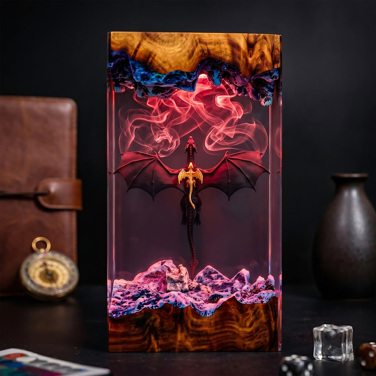 Flying Dragon & Baby Dragon Fantasy Wood Resin Lamp