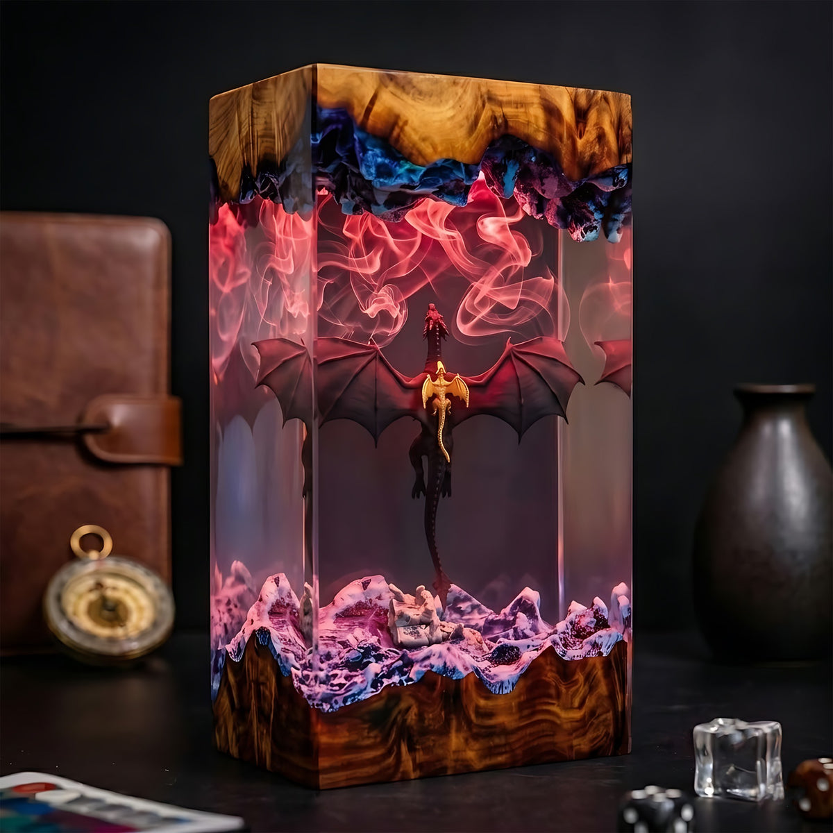 Flying Dragon & Baby Dragon Fantasy Wood Resin Lamp
