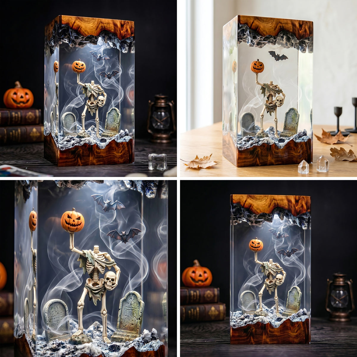 Halloween Skeleton Resin Lamp – Pumpkin Graveyard Epoxy Diorama Night Light