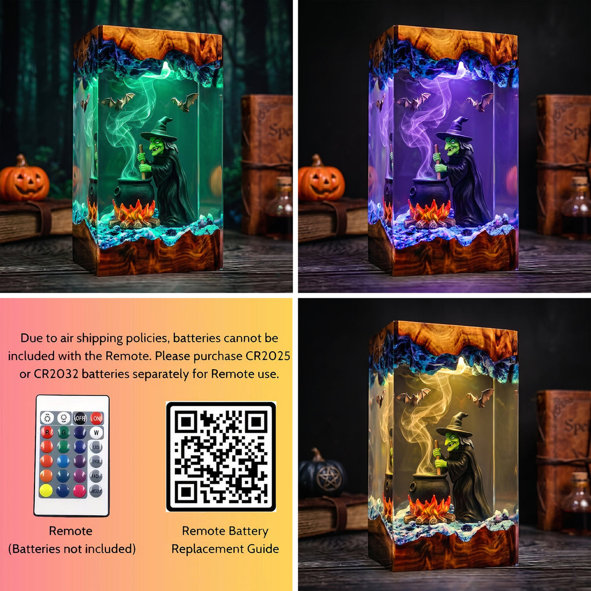 Witch Cauldron Resin Lamp – Brewing Witch with Bats & Glowing Fire, Spooky Halloween Epoxy Diorama Night Light