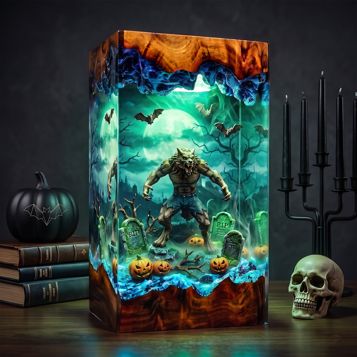 Werewolf Graveyard Resin Lamp – Full Moon Wolf Monster with Pumpkins & Bats, Halloween Epoxy Diorama Night Light