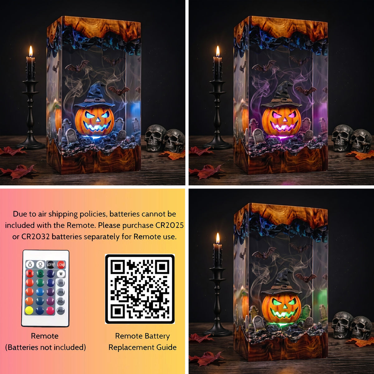 Glowing Witch Pumpkin Resin Lamp – Jack O’ Lantern Graveyard with Bats, Halloween Epoxy Diorama Night Light, Spooky Decor