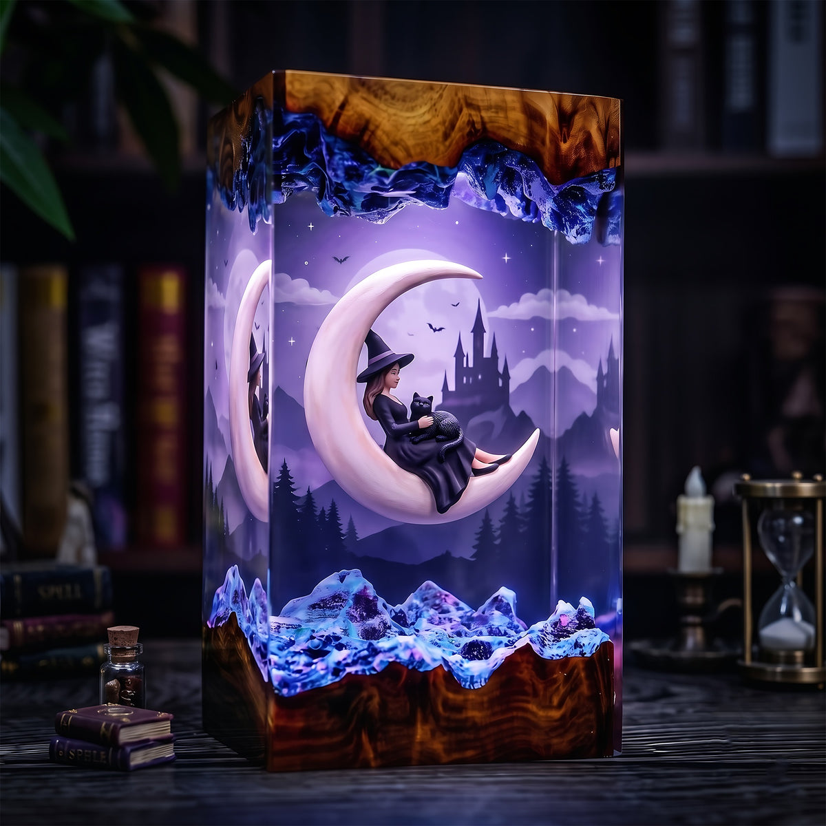 Moonlit Witch & Black Cat Resin Lamp – Crescent Moon Haunted Castle Halloween Epoxy Diorama Night Light, Gothic Witch Decor