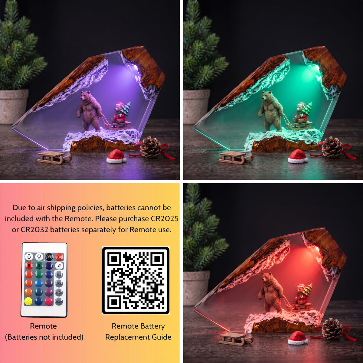 Christmas Bear & Teddy Sled Resin Lamp – Snowy Woodland Holiday Epoxy Diorama Night Light, Cozy Winter Christmas Decor