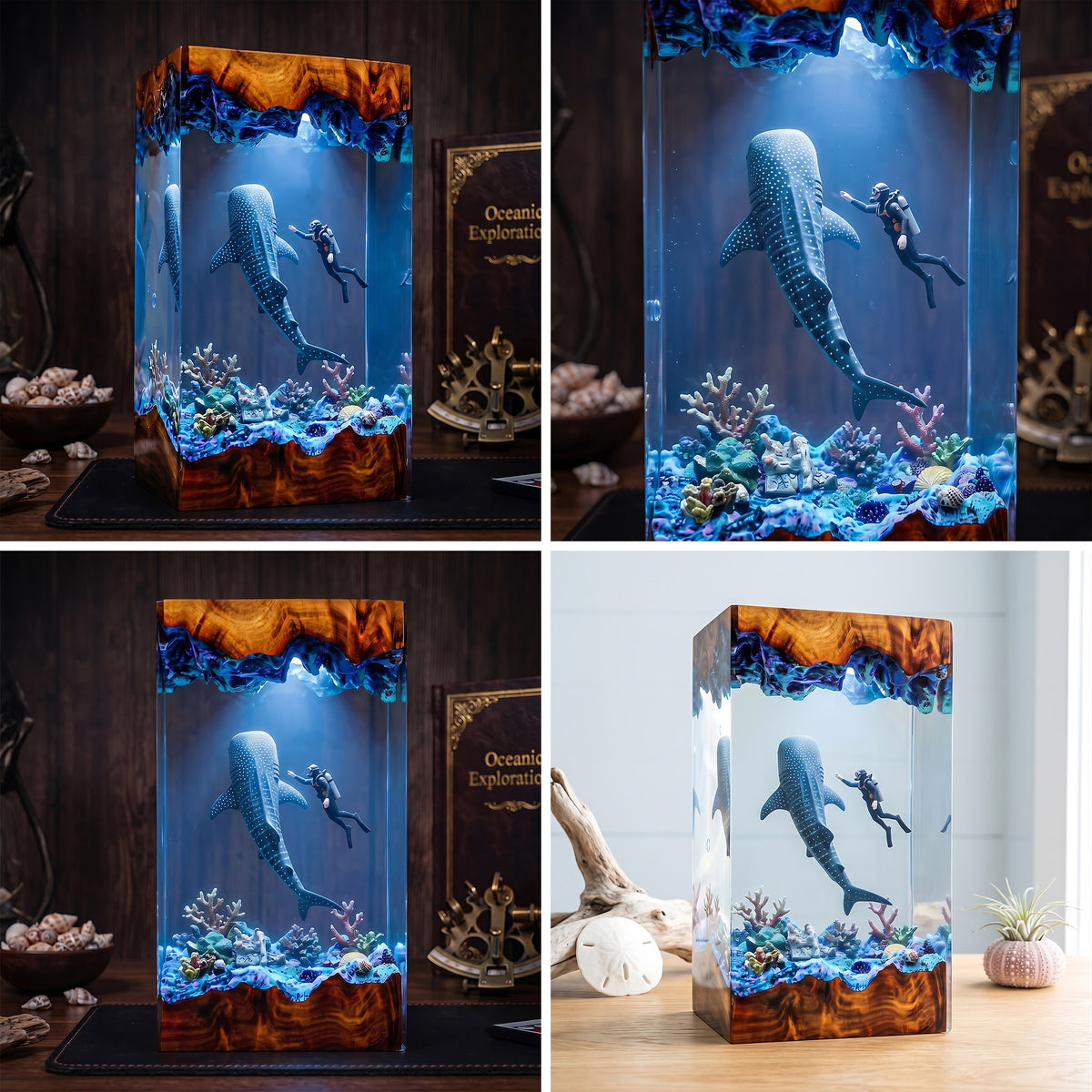 Whale Shark & Scuba Diver Ocean Wood Resin Lamp
