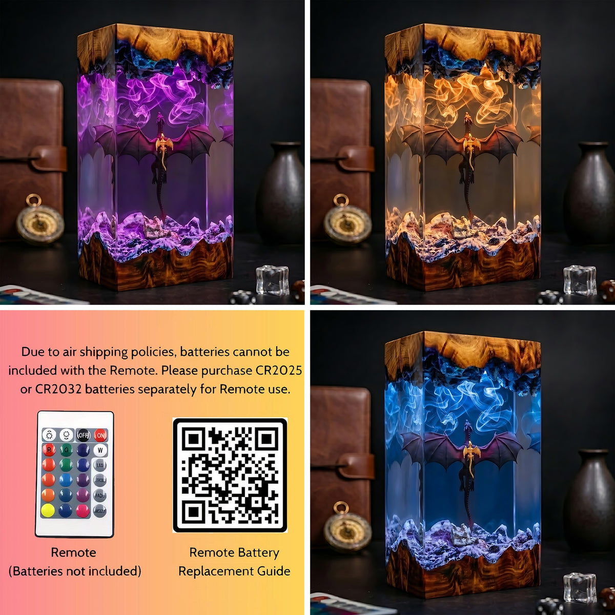 Flying Dragon & Baby Dragon Fantasy Wood Resin Lamp