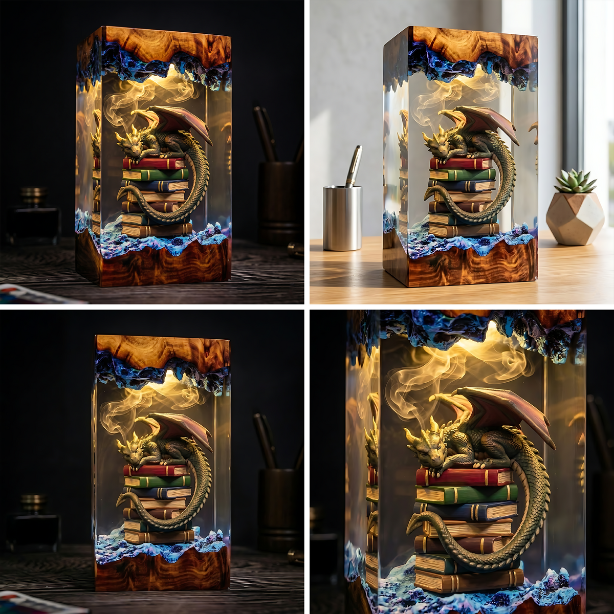 Sleeping Dragon on Stacked Books Wood Resin Lamp
