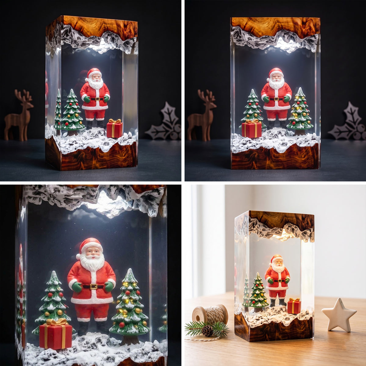 Santa Claus with Snowy Christmas Trees and Gift Box Wood Resin Lamp