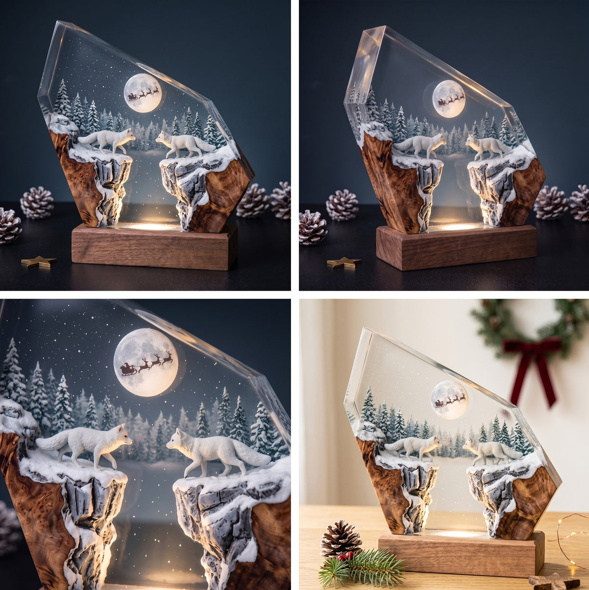 Arctic Foxes & Santa Sleigh Christmas Wood Resin Lamp