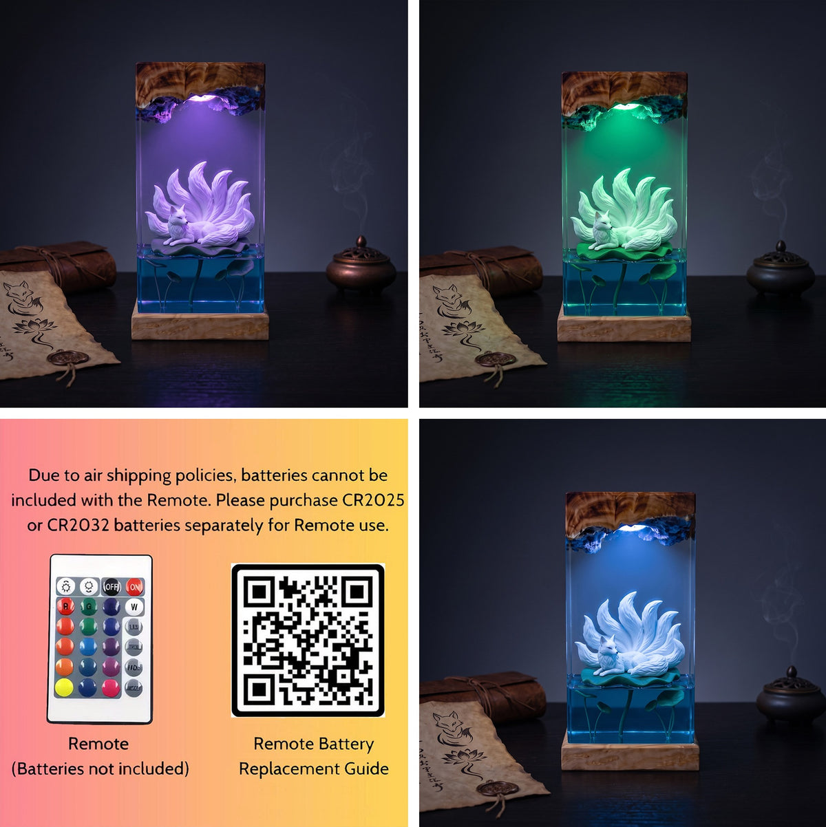 White Nine-Tailed Fox on Lotus Leaf Wood Resin Lamp