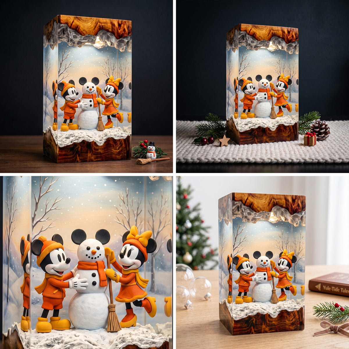 Mickey & Minnie Mouse Building a Snowman Christmas Wood Resin Lamp