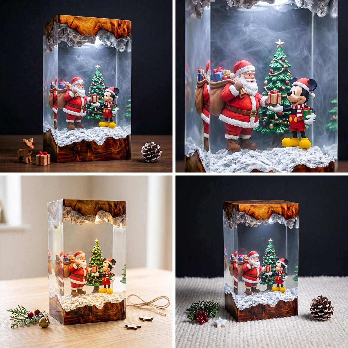 Santa Claus Giving Mickey Mouse a Present beside a Christmas Tree Wood Resin Lamp