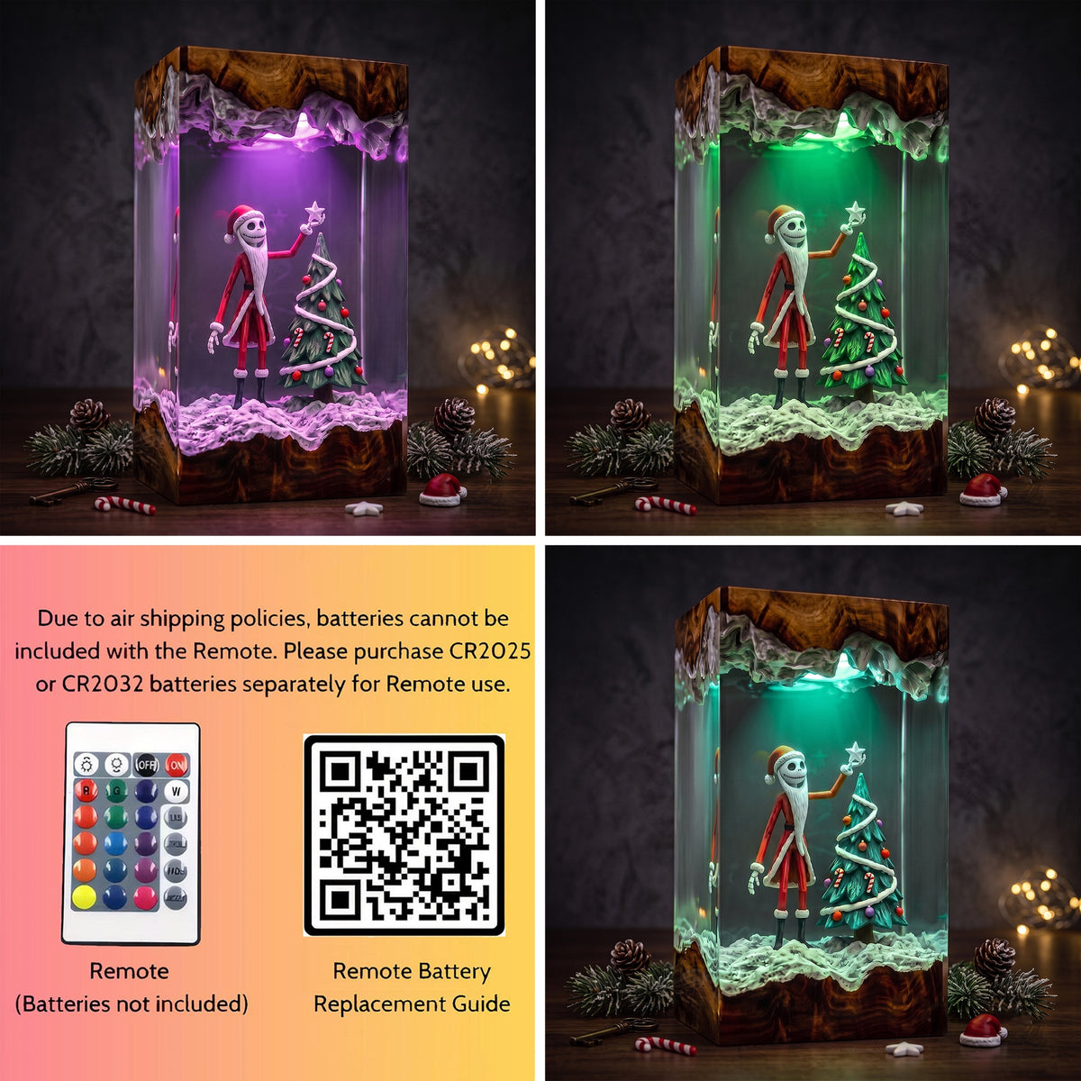 Christmas Skeleton Resin Lamp – Skeleton Santa Decorating Christmas Tree, Festive Epoxy Diorama Night Light, Holiday Decor