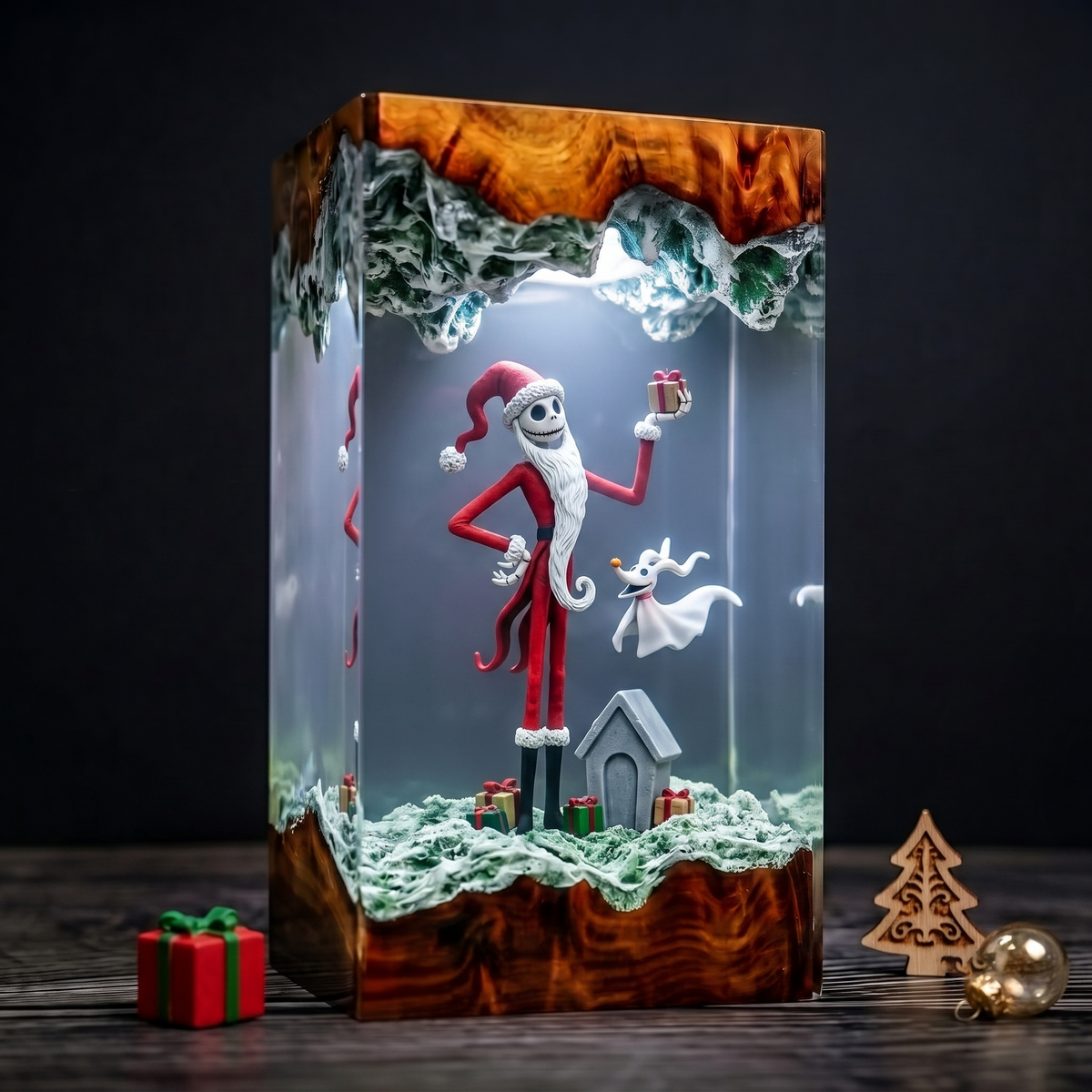 Jack Skellington in Santa Outfit with Zero Ghost Dog and Christmas Gifts Wood Resin Lamp