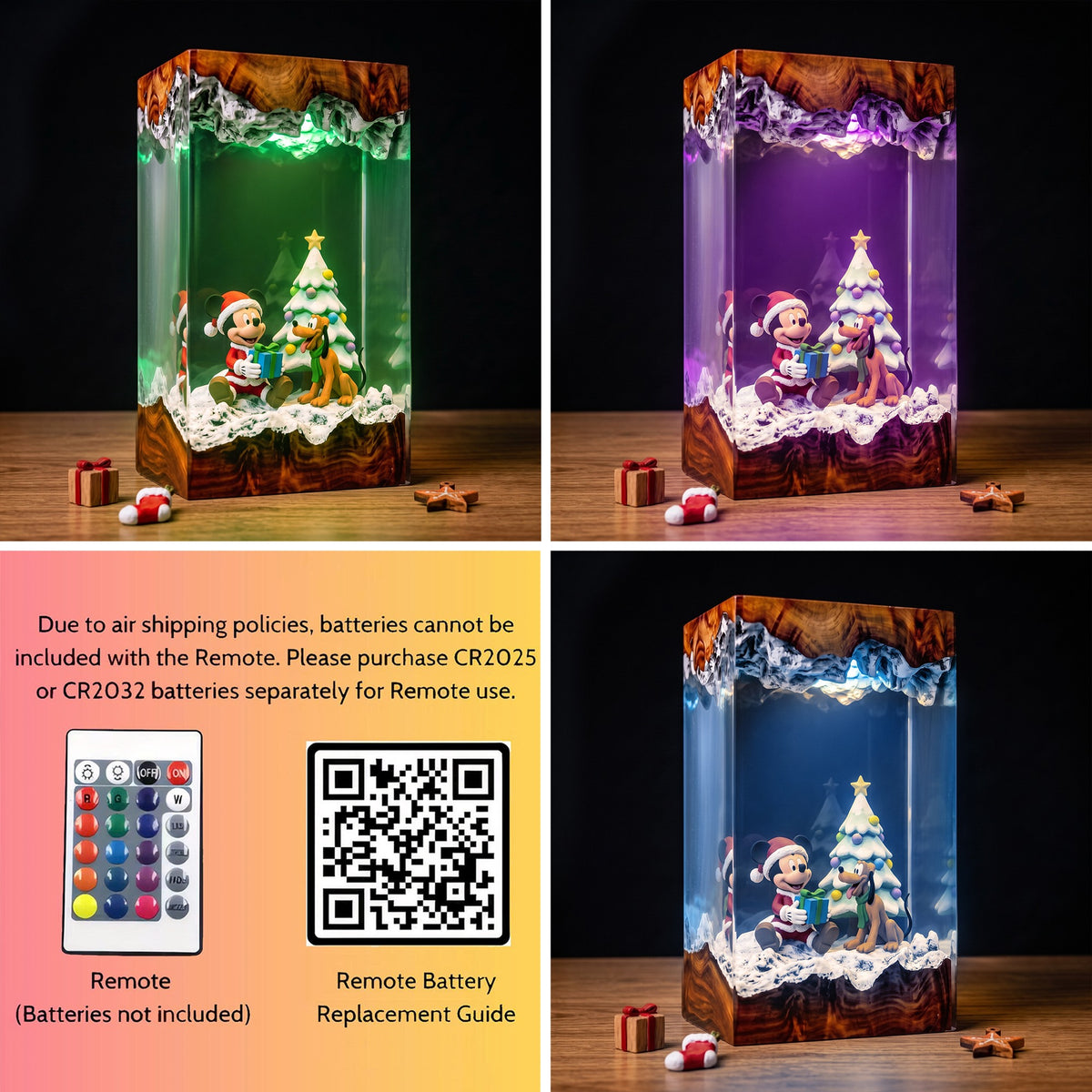 Mickey Mouse in Santa Outfit & Pluto with Gift Box and Snowy Christmas Tree Wood Resin Lamp