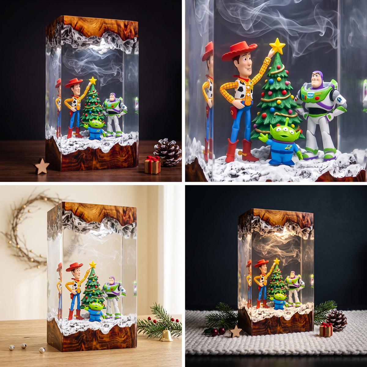 Woody, Buzz Lightyear & Little Green Alien with Decorated Christmas Tree Wood Resin Lamp