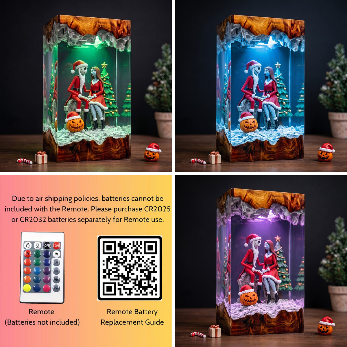 Jack Skellington & Sally in Santa Outfits with Christmas Tree and Pumpkin Wood Resin Lamp