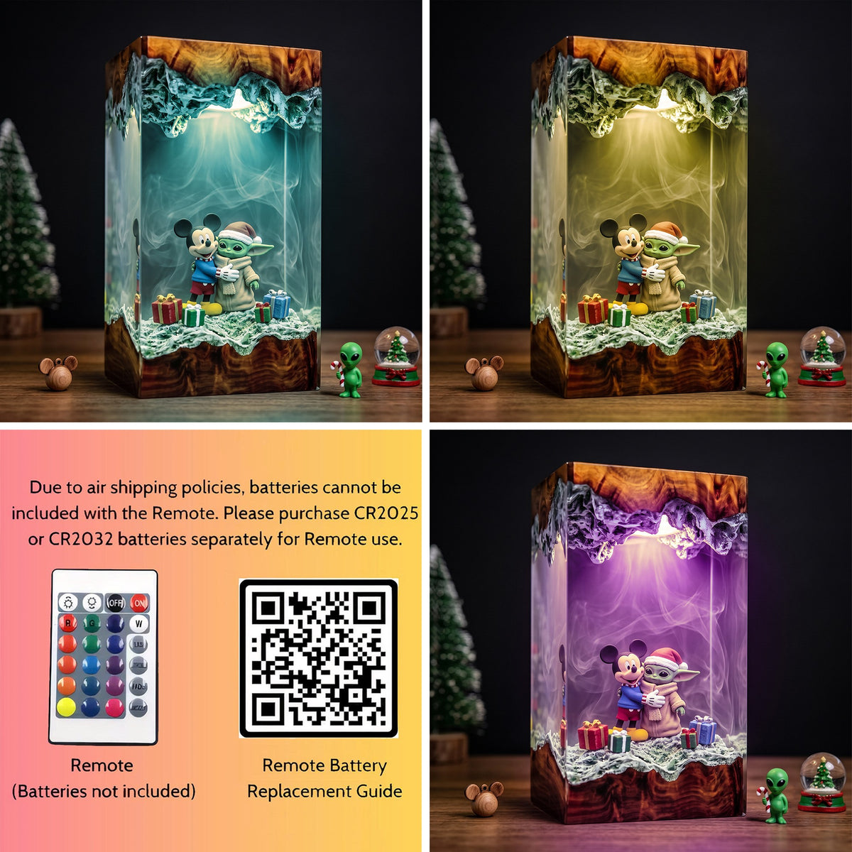 Mickey Mouse Hugging Grogu in a Santa Hat with Christmas Gifts Wood Resin Lamp