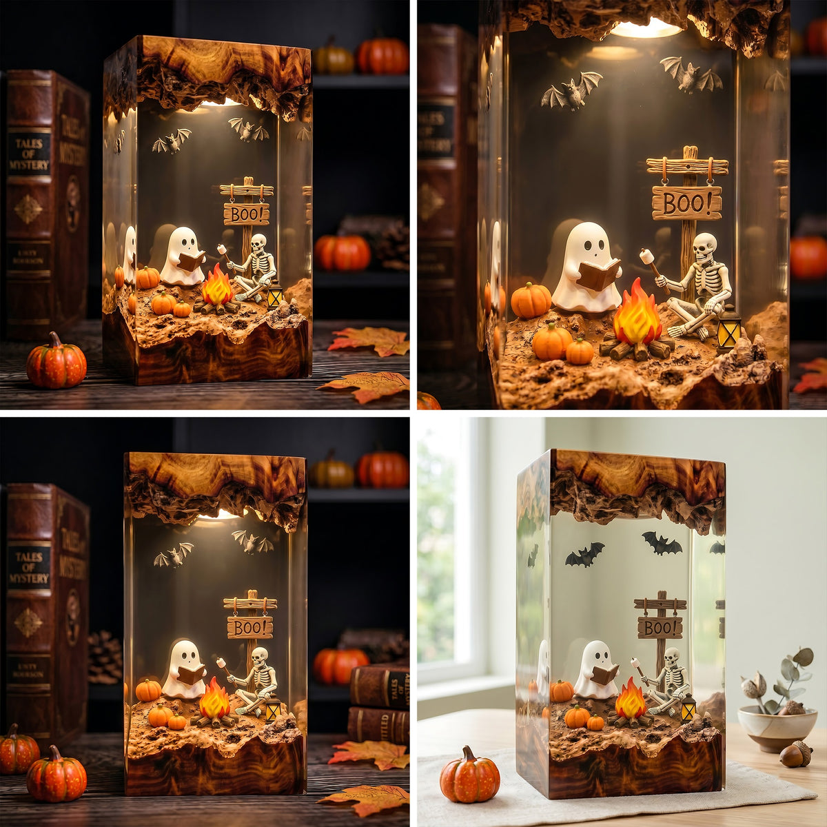 Ghost & Skeleton Campfire Resin Lamp – Reading Ghost Halloween Diorama, Pumpkin & Bat Spooky Night Light