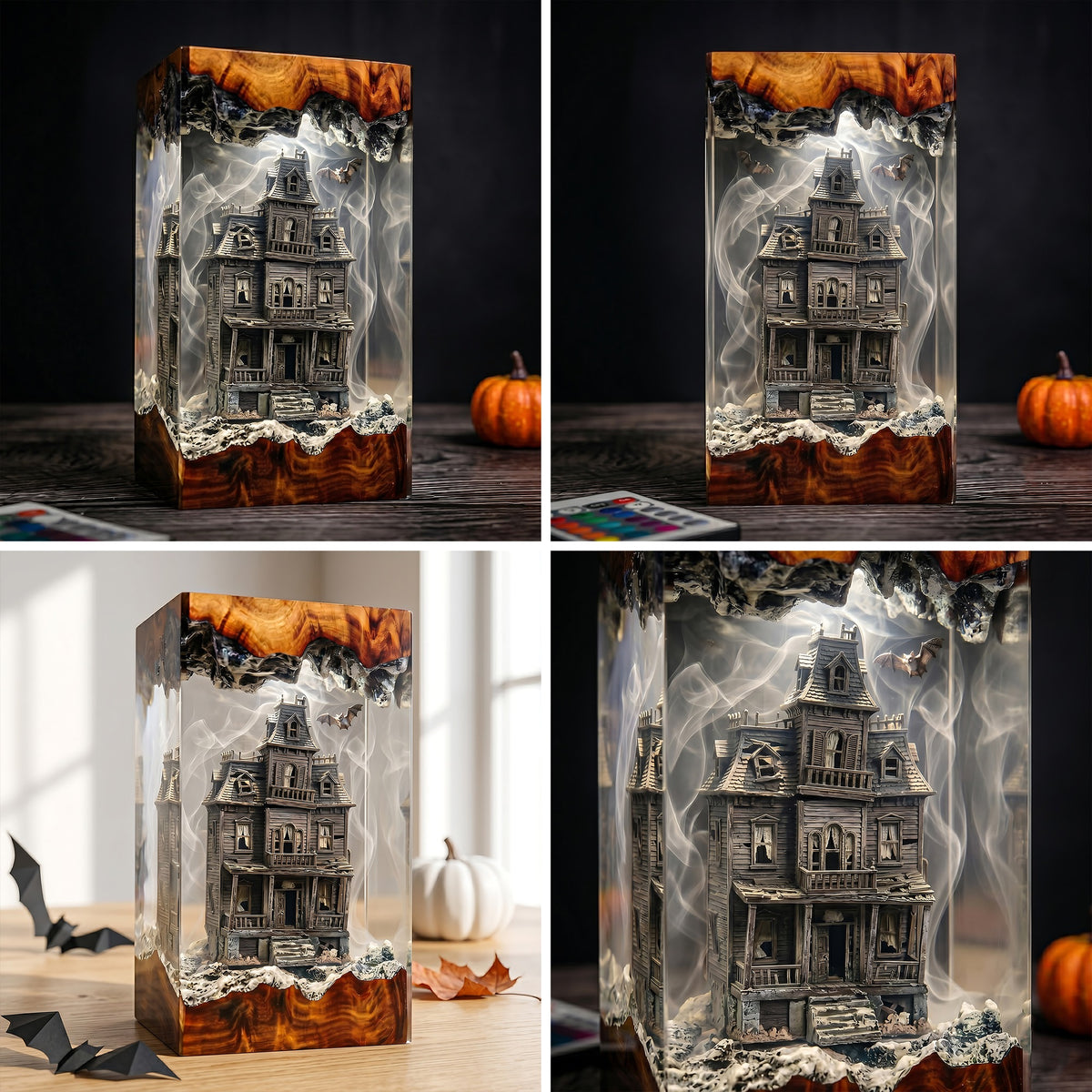 Haunted Victorian House Resin Lamp – Spooky Mansion with Bats & Ghostly Mist, Halloween Epoxy Diorama Night Light