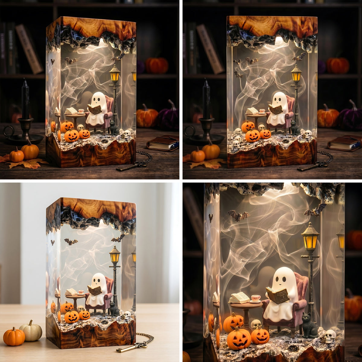 Cozy Reading Ghost Resin Lamp – Halloween Pumpkin & Black Cat Epoxy Diorama Night Light, Cute Spooky Decor