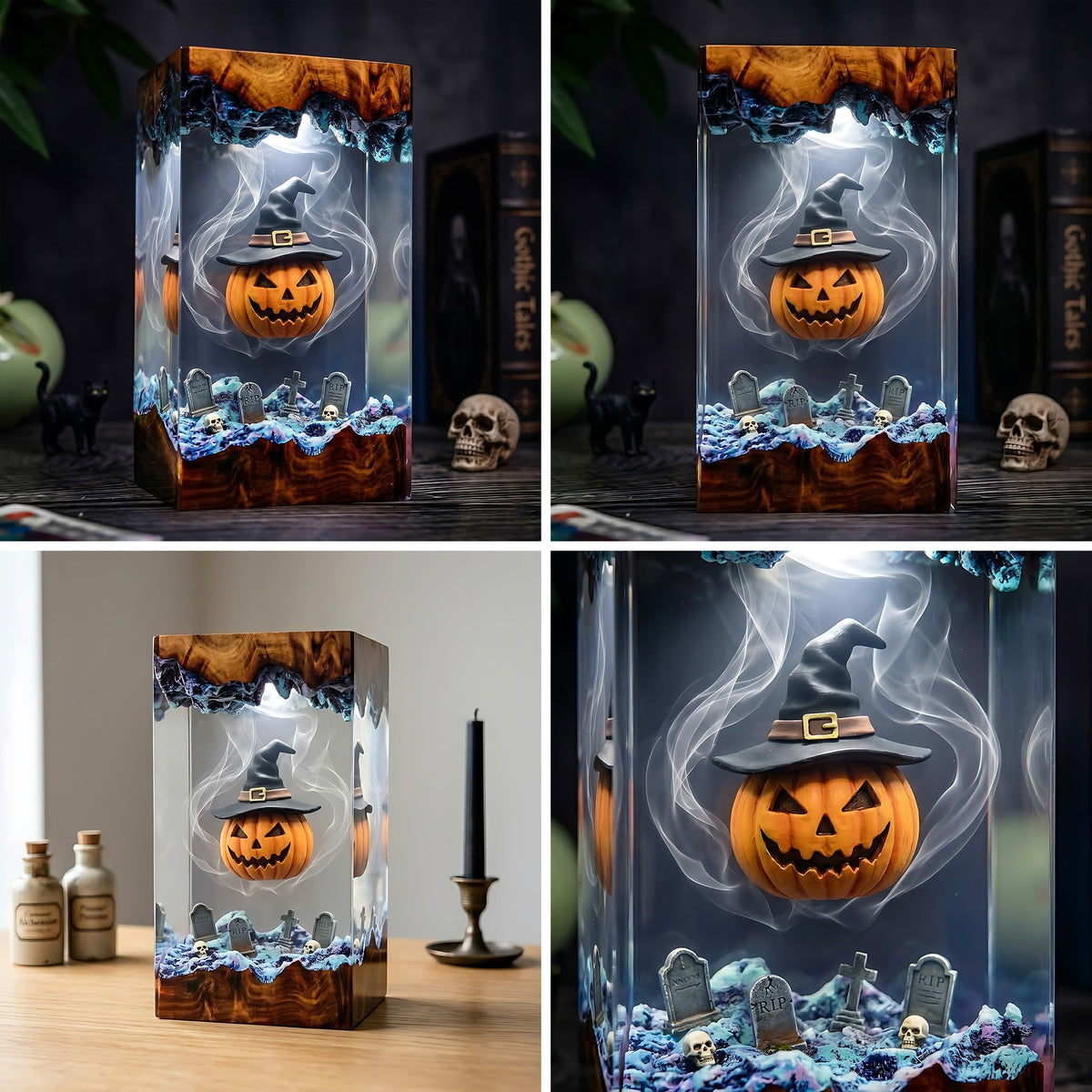 Witch Pumpkin Graveyard Resin Lamp – Jack O’ Lantern with Witch Hat, Spooky Halloween Epoxy Diorama Night Light