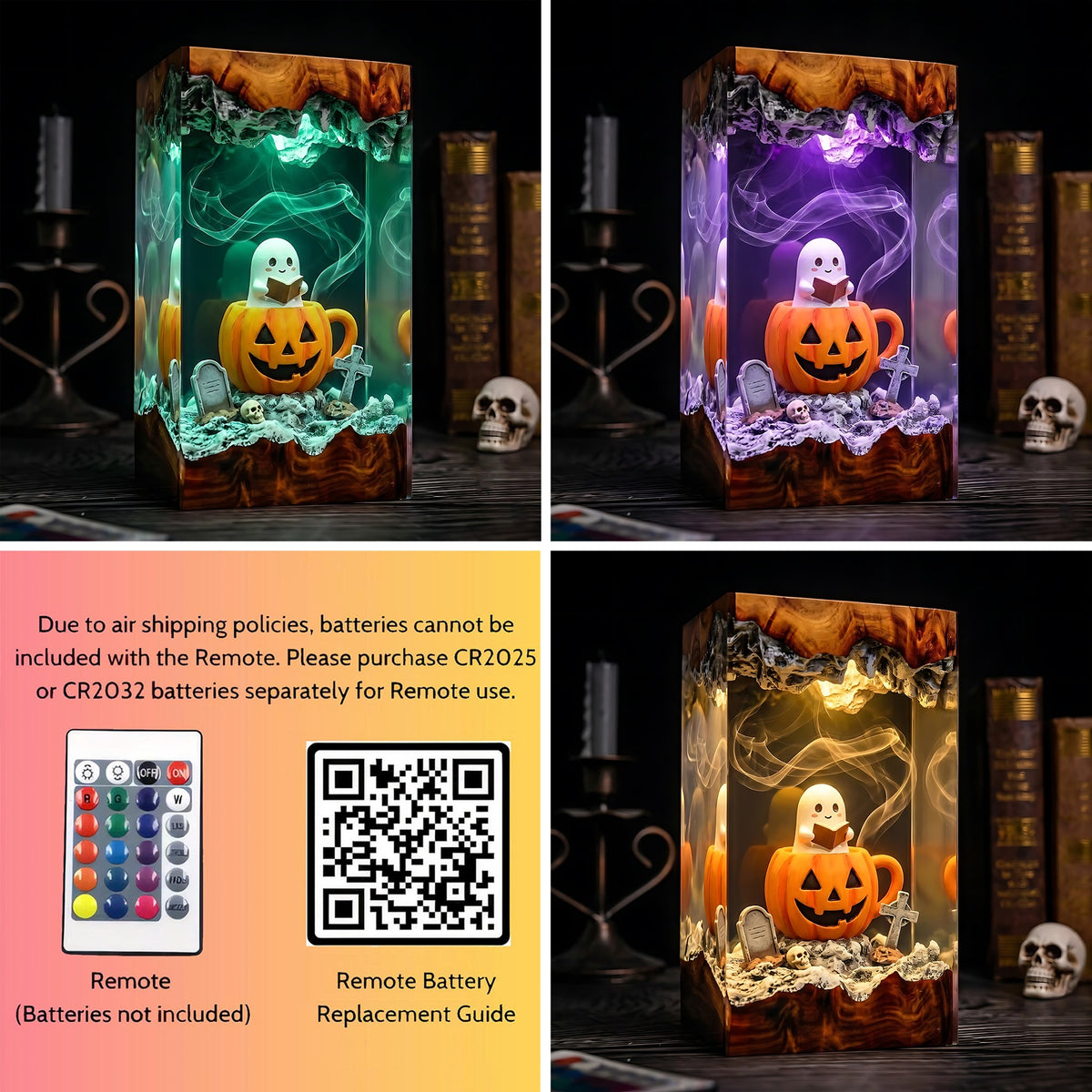 Cute Ghost Pumpkin Resin Lamp – Halloween Graveyard Epoxy Diorama Night Light