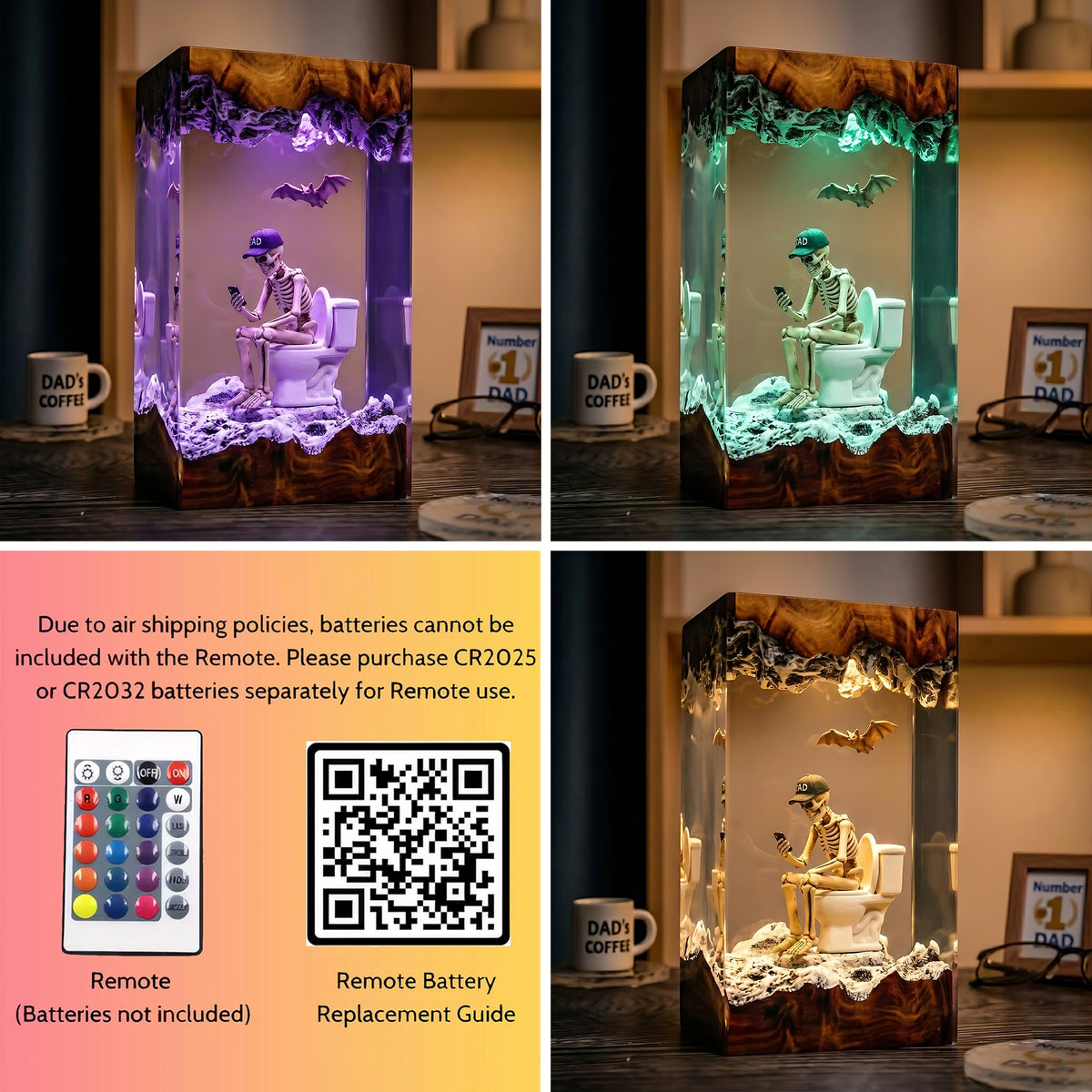 Funny Dad Skeleton Resin Lamp – Skeleton on Toilet with Phone, Halloween Epoxy Diorama Night Light, Dad Humor Gift