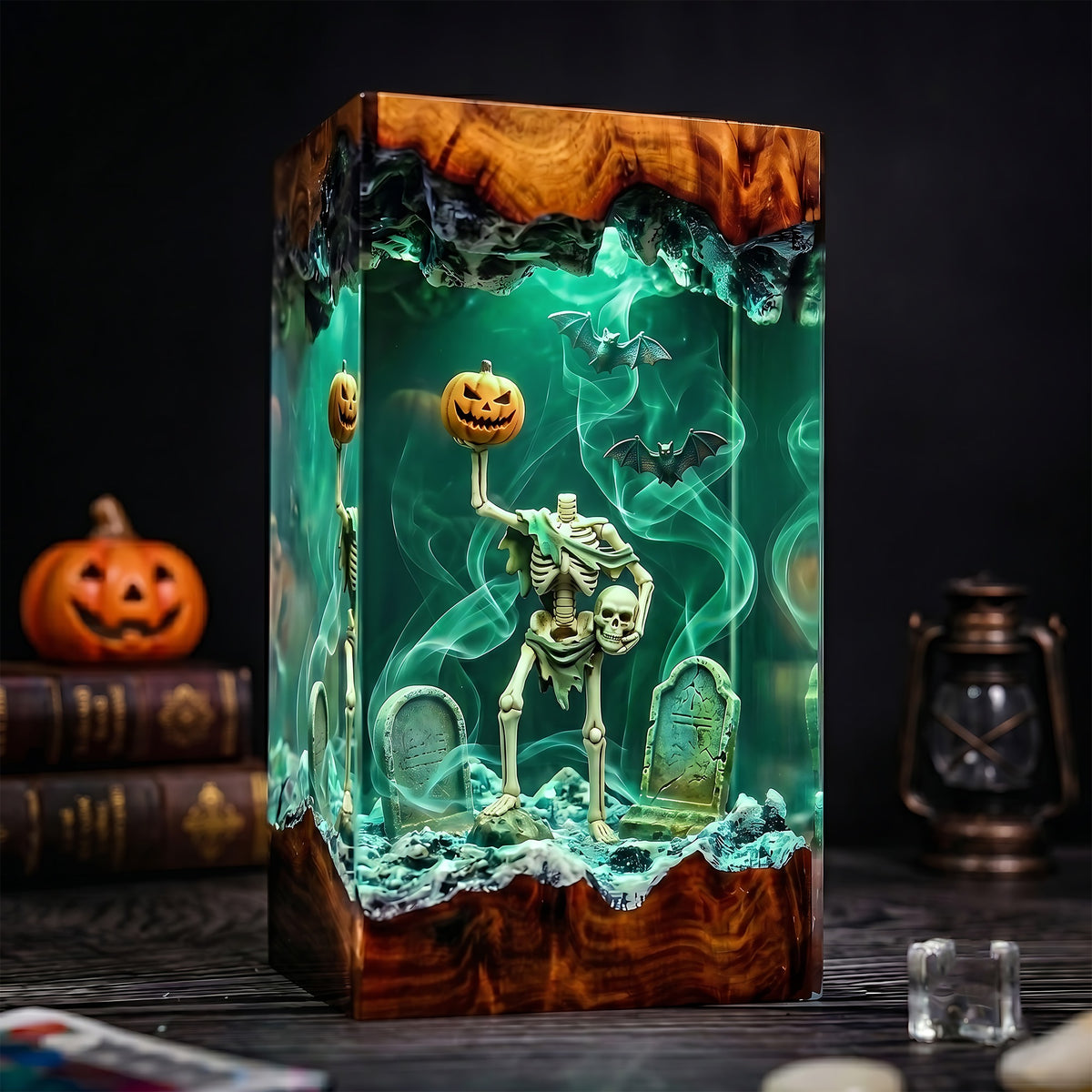 Halloween Skeleton Resin Lamp – Pumpkin Graveyard Epoxy Diorama Night Light
