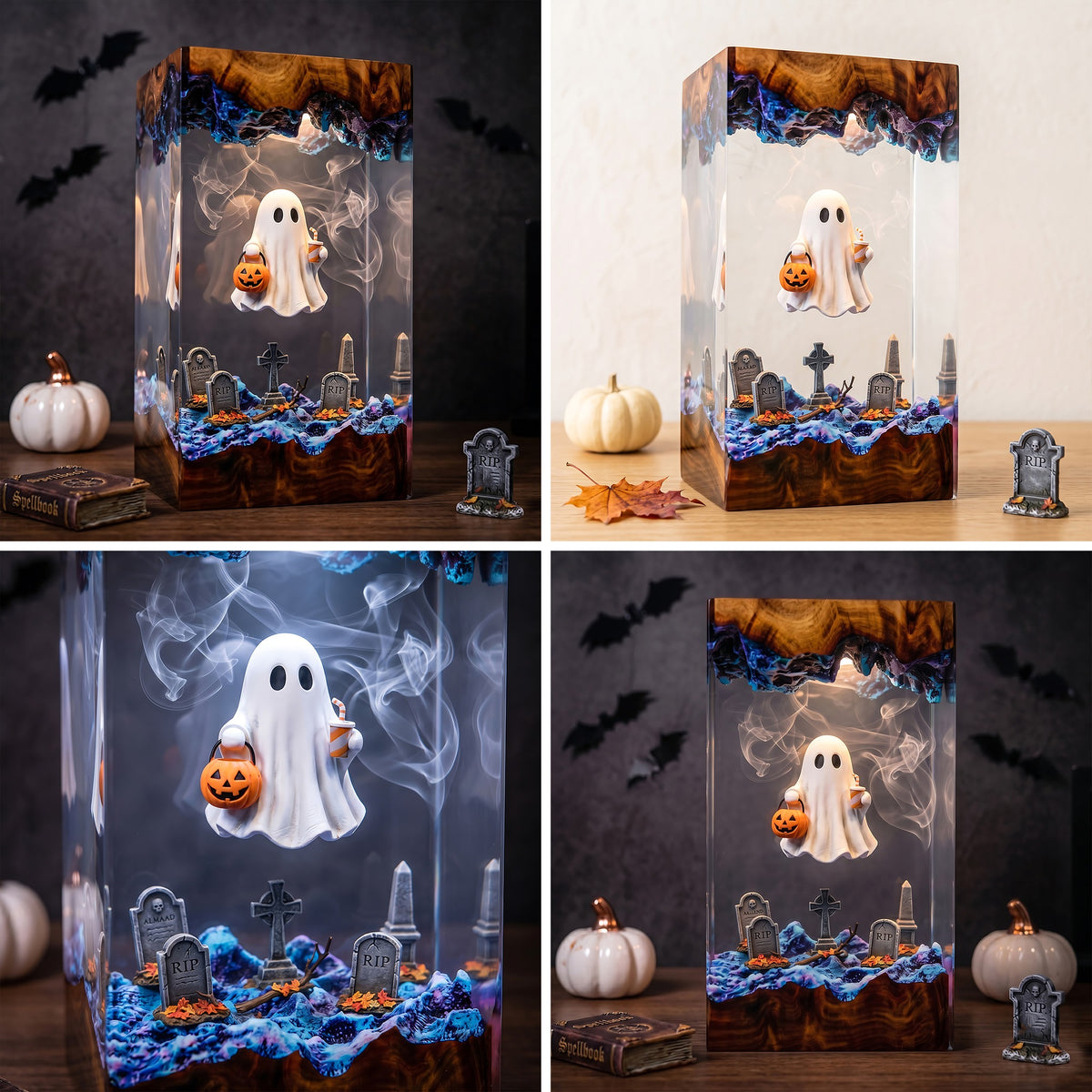 Trick or Treat Ghost Resin Lamp – Floating Ghost with Pumpkin Candy Bucket, Haunted Graveyard Halloween Epoxy Night Light