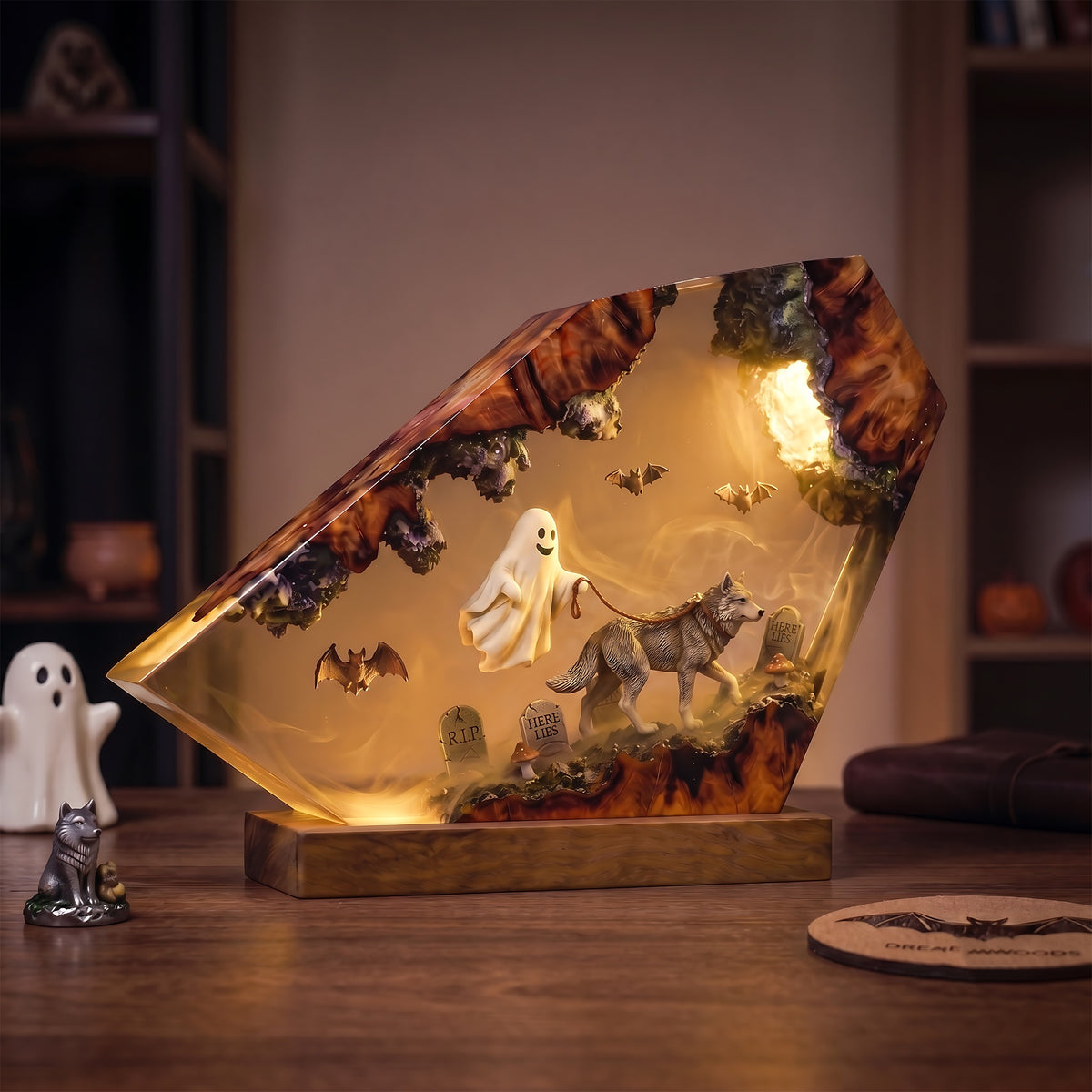 Ghost Walking Wolf Resin Lamp – Haunted Graveyard Halloween Epoxy Diorama Night Light, Spooky Woodland Decor