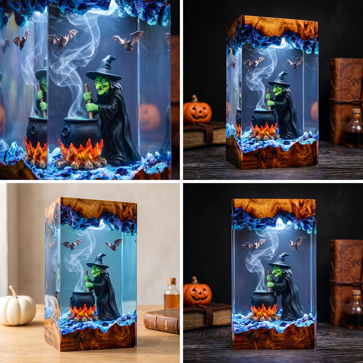 Witch Cauldron Resin Lamp – Brewing Witch with Bats & Glowing Fire, Spooky Halloween Epoxy Diorama Night Light