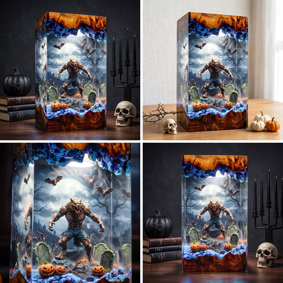 Werewolf Graveyard Resin Lamp – Full Moon Wolf Monster with Pumpkins & Bats, Halloween Epoxy Diorama Night Light