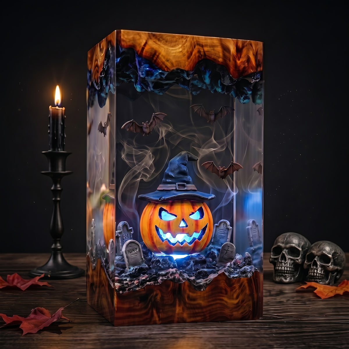 Glowing Witch Pumpkin Resin Lamp – Jack O’ Lantern Graveyard with Bats, Halloween Epoxy Diorama Night Light, Spooky Decor