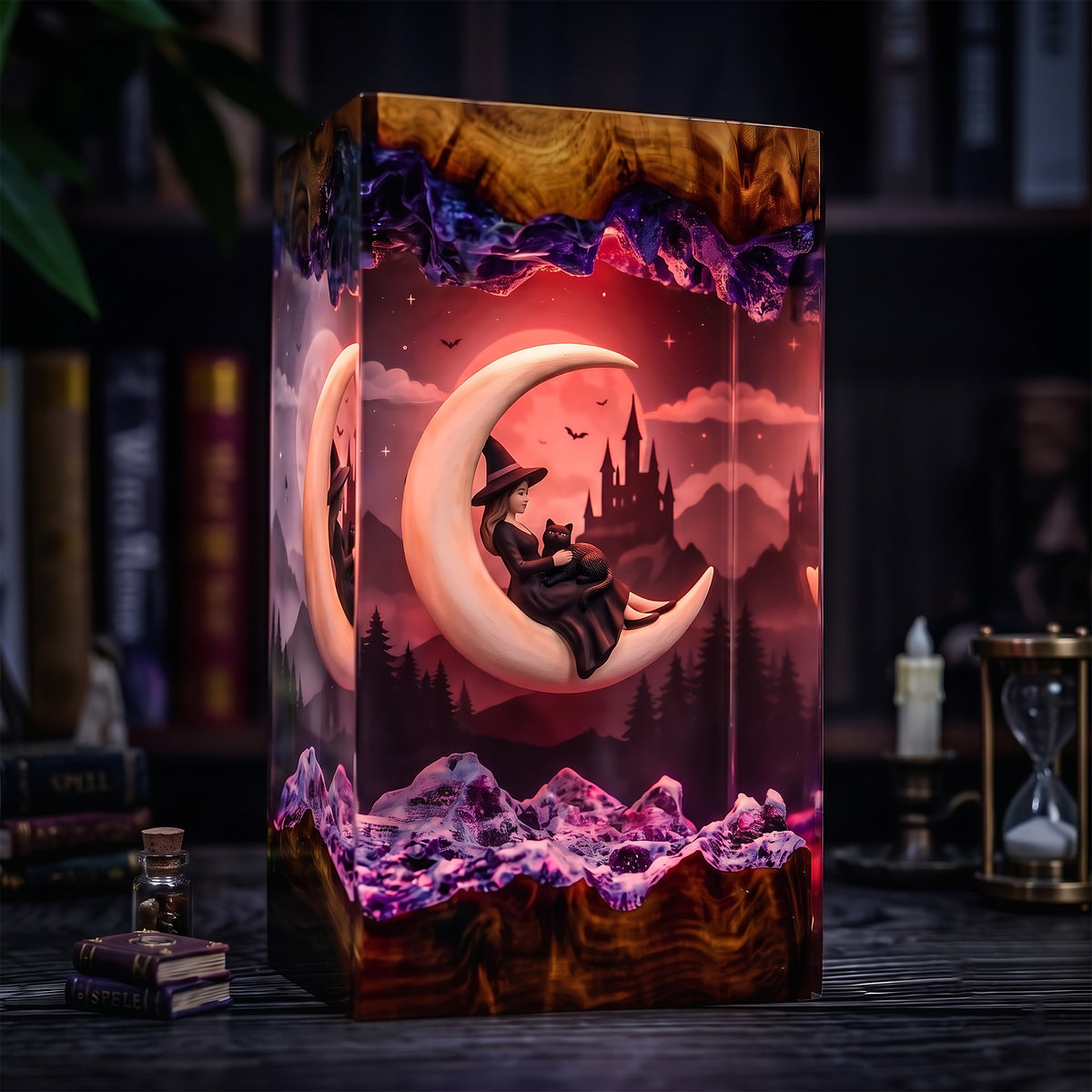 Moonlit Witch & Black Cat Resin Lamp – Crescent Moon Haunted Castle Halloween Epoxy Diorama Night Light, Gothic Witch Decor