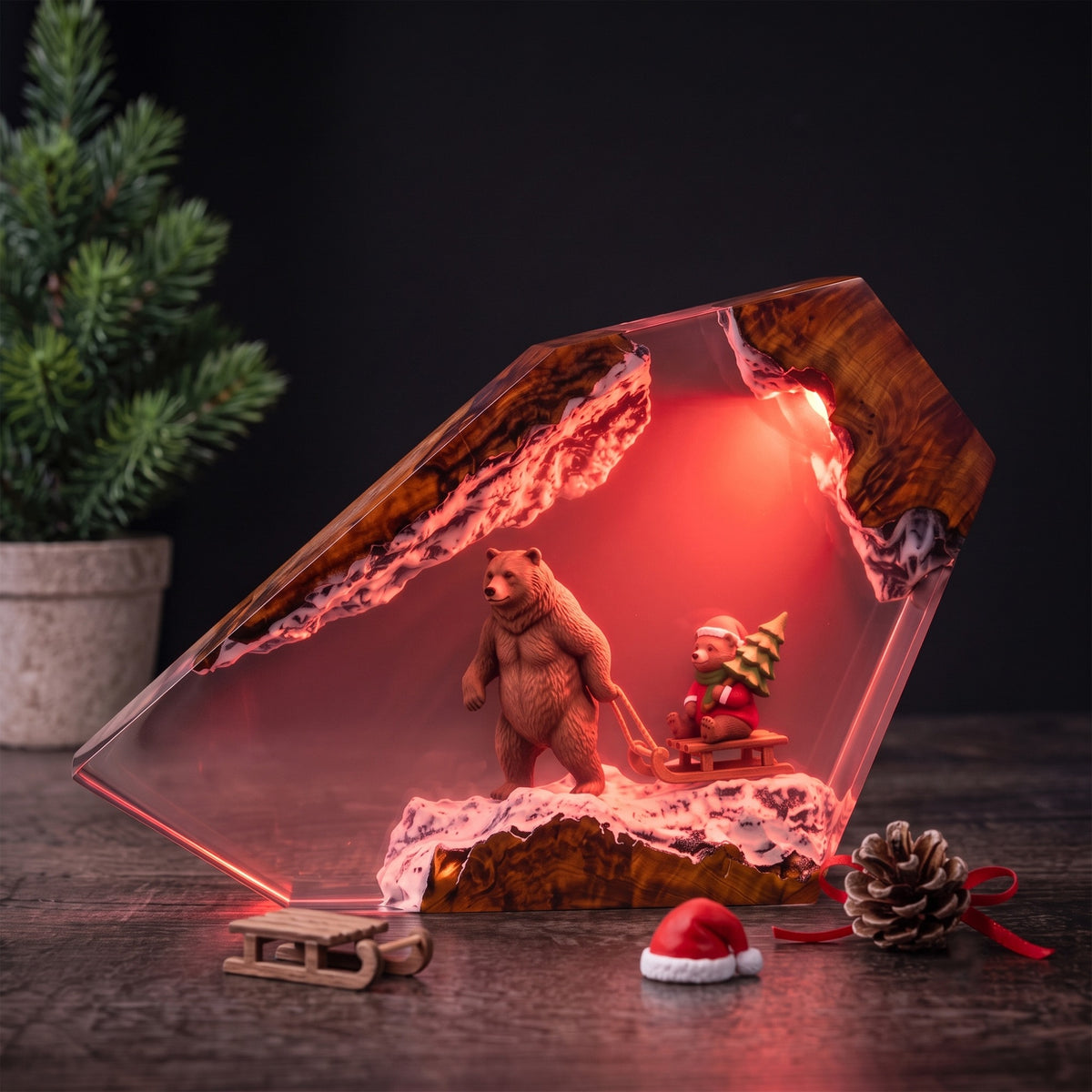Christmas Bear & Teddy Sled Resin Lamp – Snowy Woodland Holiday Epoxy Diorama Night Light, Cozy Winter Christmas Decor