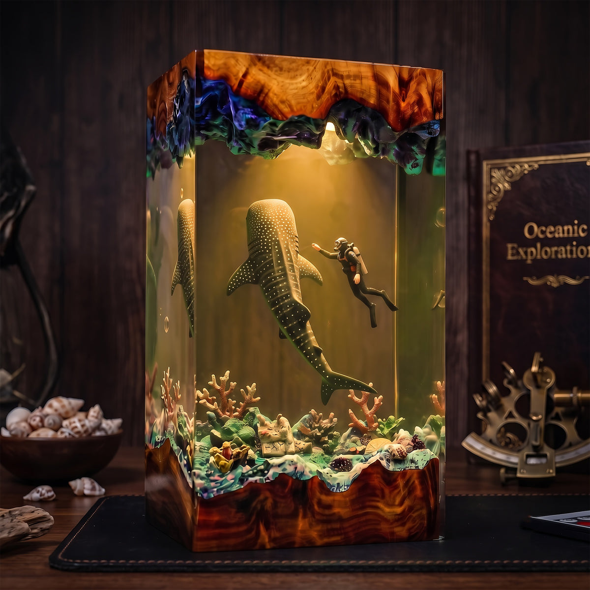 Whale Shark & Scuba Diver Ocean Wood Resin Lamp