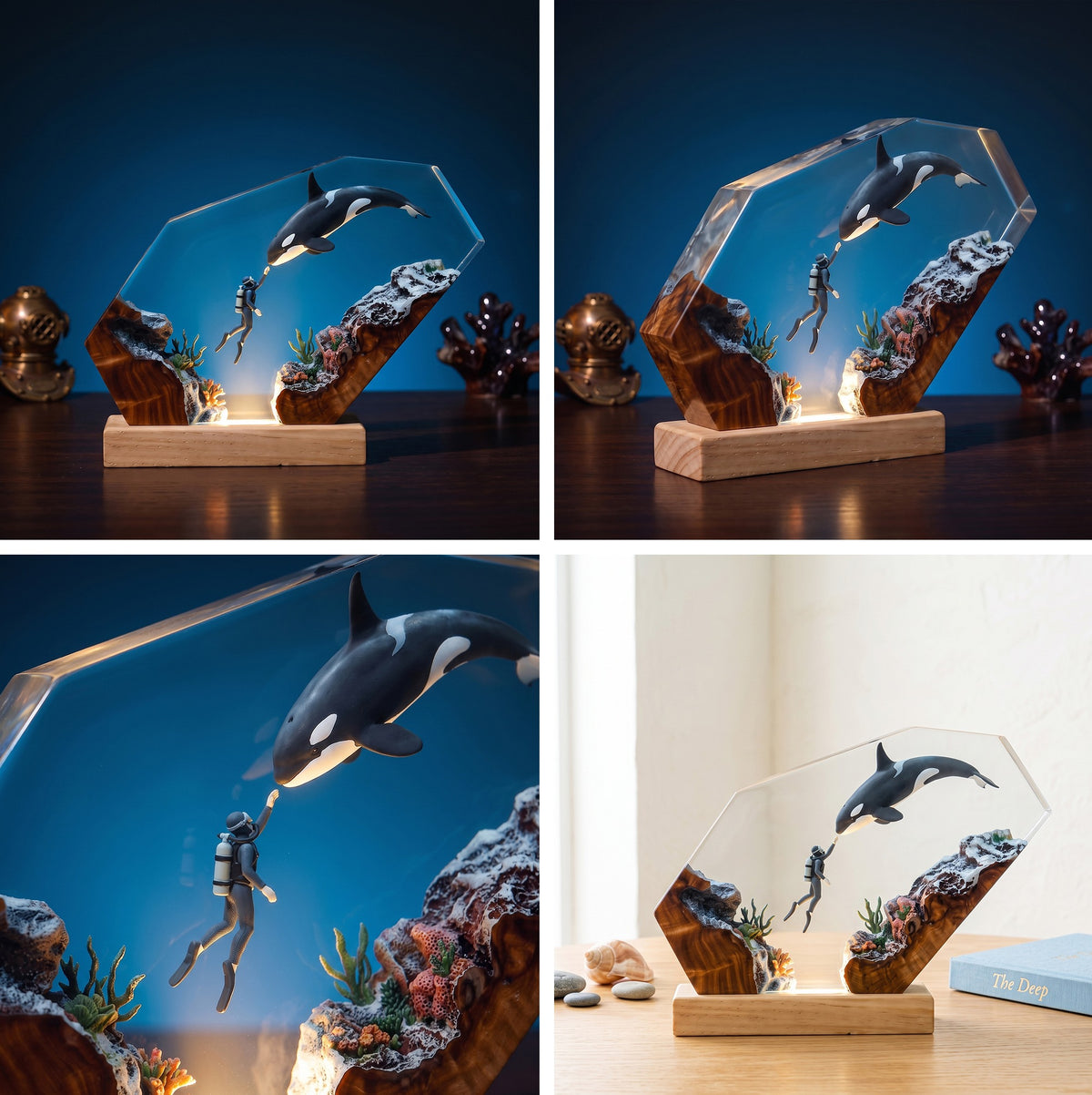 Orca & Scuba Diver Ocean Wood Resin Lamp