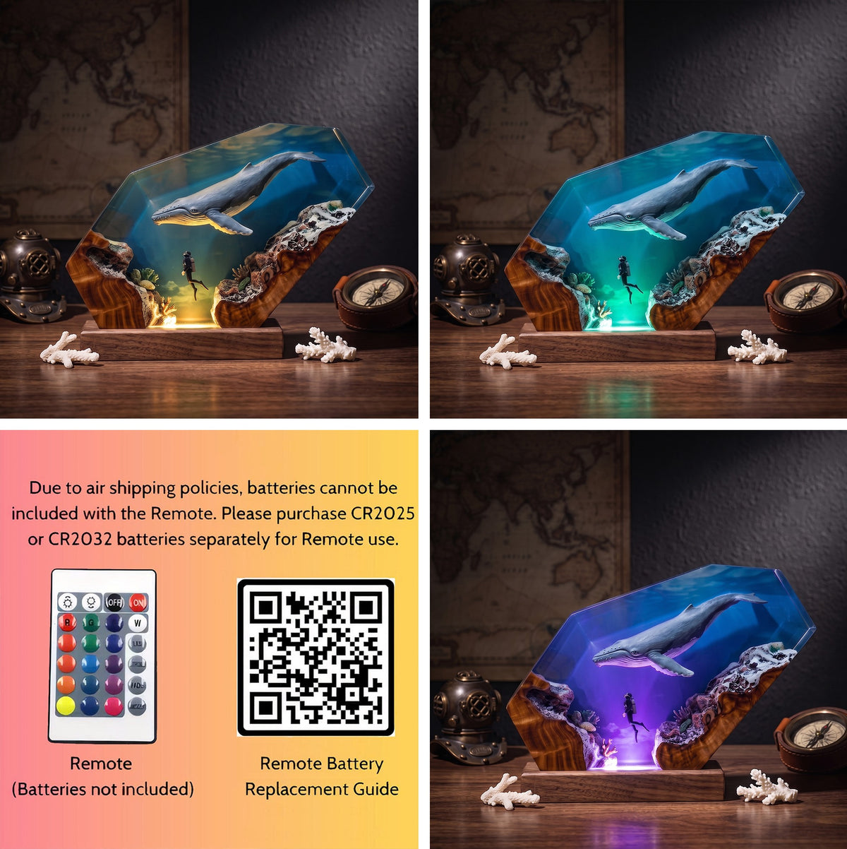 Humpback Whale & Scuba Diver Ocean Wood Resin Lamp