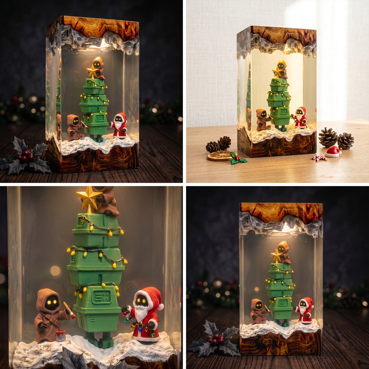 Galactic Holiday Droid Tree Resin Lamp – Tiny Hooded Helpers Decorating a Christmas Tree, Sci Fi Epoxy Diorama Night Light