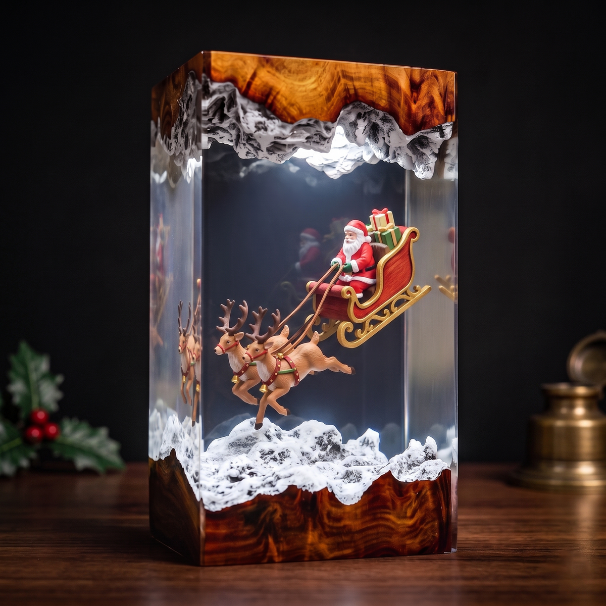 Santa Claus in a Flying Sleigh with Two Reindeer and Gifts Christmas Wood Resin Lamp