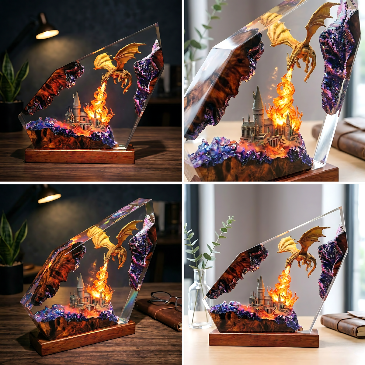 Fire-Breathing Dragon & Fantasy Castle Wood Resin Lamp