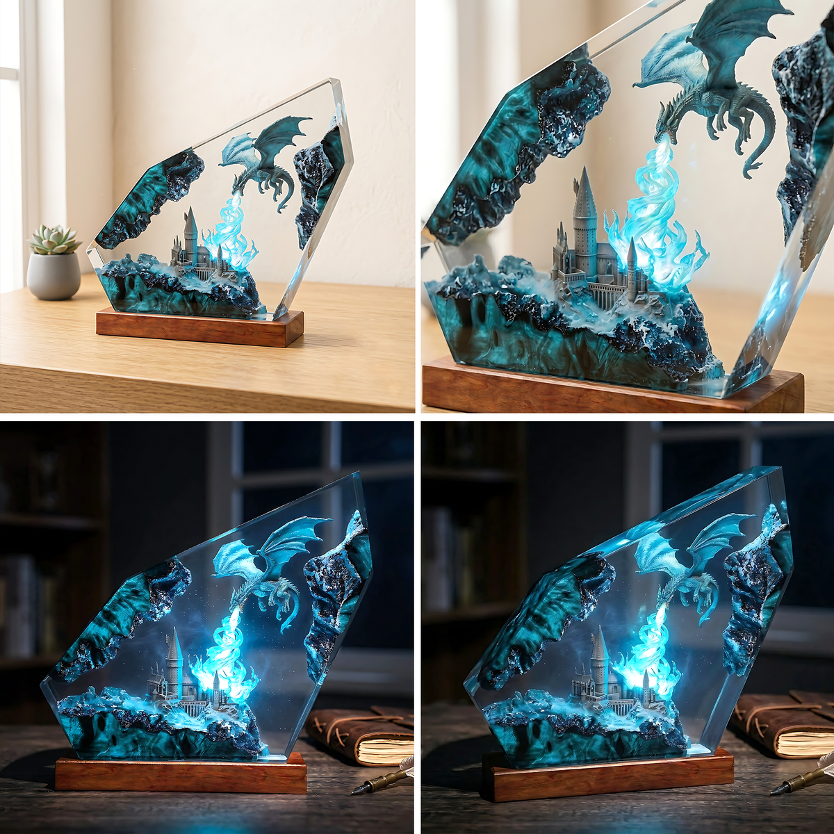 Blue Flame Dragon & Fantasy Castle Wood Resin Lamp