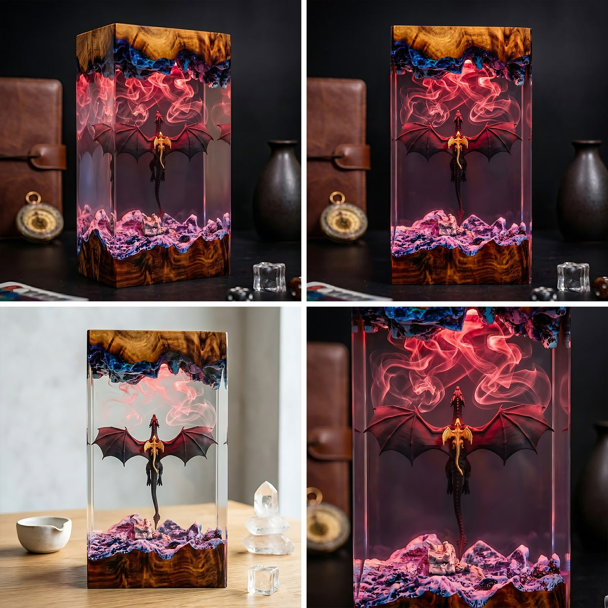 Flying Dragon & Baby Dragon Fantasy Wood Resin Lamp