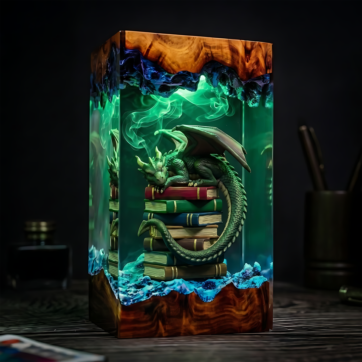 Sleeping Dragon on Stacked Books Wood Resin Lamp